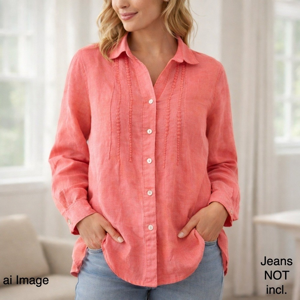 Malvin I Love Linen Coral‎ Linen Button Front Shirt Women L Cottagecore Coastal